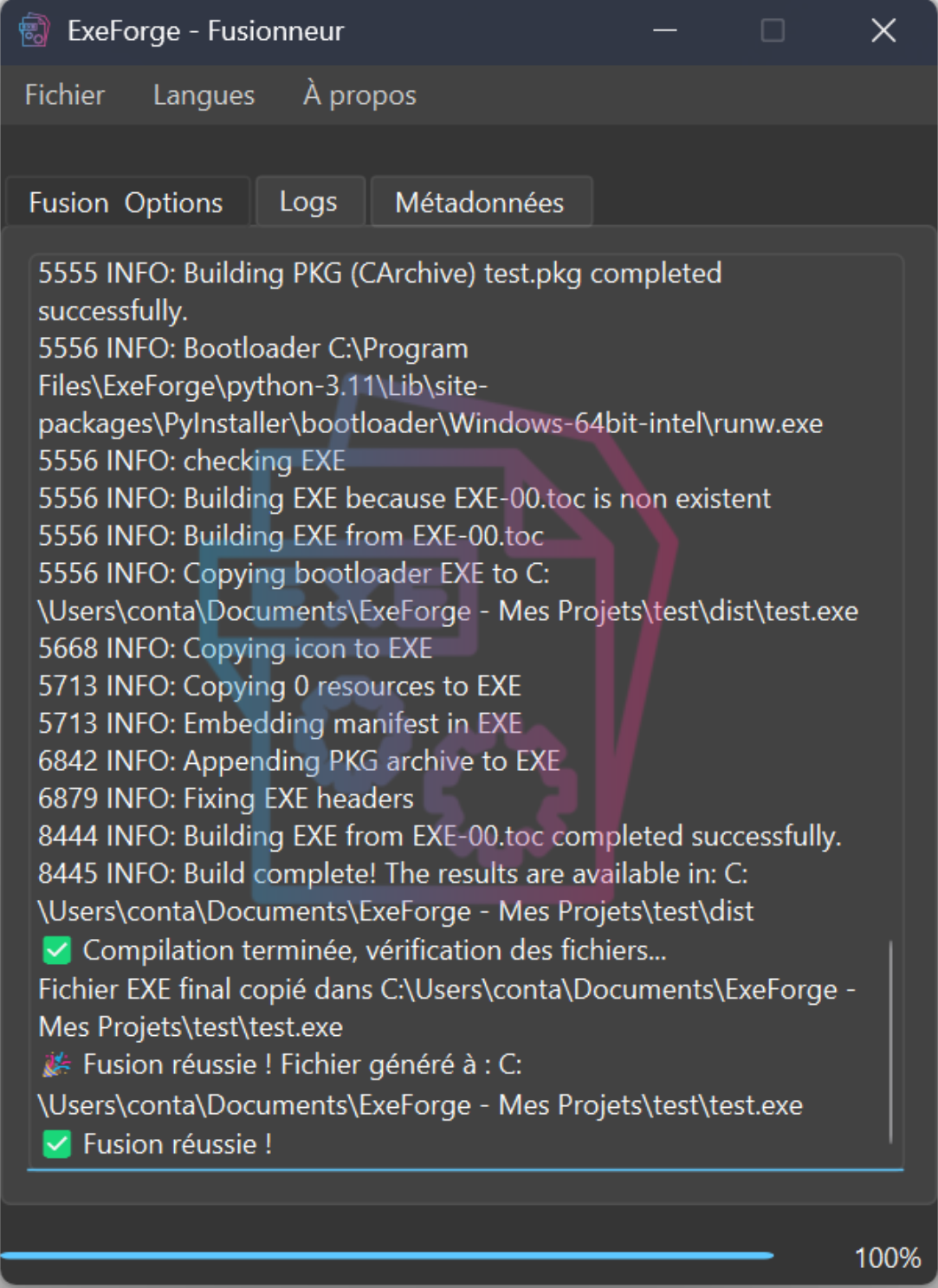 Interface de fusion finale d'ExeForge montrant le processus de combinaison de deux fichiers EXE en un seul exécutable optimisé